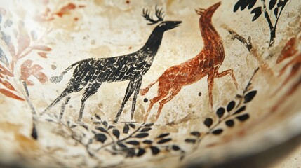 Obraz premium Close-up of hunting scene painted on Roman ceramic bowl in fine red and black brushstrokes