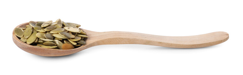 Peeled pumpkin seeds in wooden spoon isolated on white