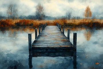 Naklejka premium A serene wooden dock extends into calm waters, surrounded by misty landscapes and autumnal foliage, evoking a tranquil, dreamy atmosphere.