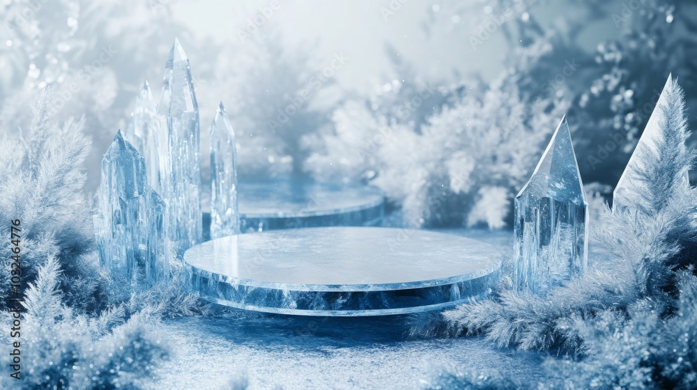 Poster a captivating winter landscape showcases crystalline ice formations and shimmering frost. the scene 