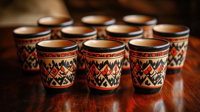 Close-up of Roman ceramic cups with hand-painted red and black patterns arranged in a circle bright reflections from glossy surfaces