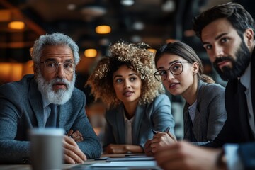 Fototapeta premium Business partners using touchscreen computer for project discuss, Generative AI