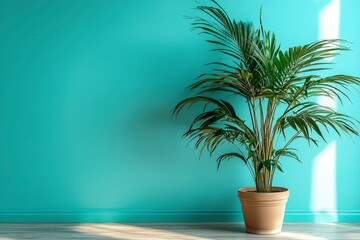 Fototapeta premium A potted palm tree stands against a blue wall in a room with wood flooring.