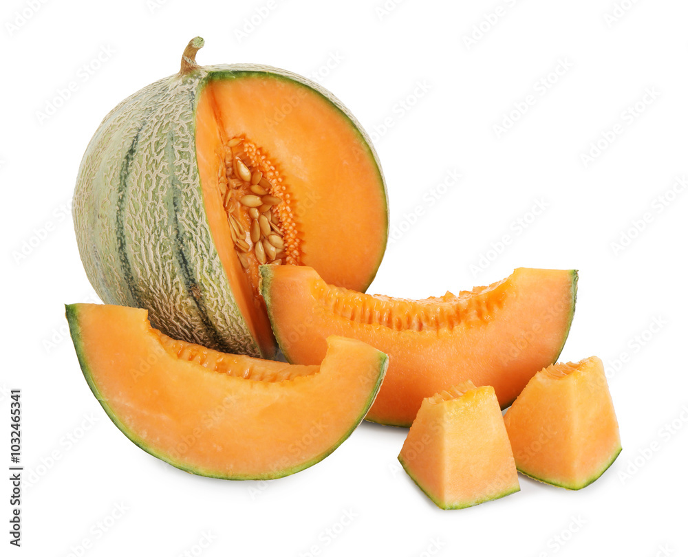 Sticker Tasty cut Cantaloupe melon isolated on white