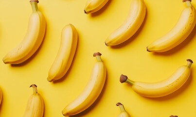 a whole view of multiple Banana on soft yellow background, view from above, editorial photography