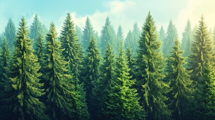 Fototapeta premium A dense forest of tall evergreen trees under a clear sky with sunlight filtering through, creating a serene and majestic natural landscape.