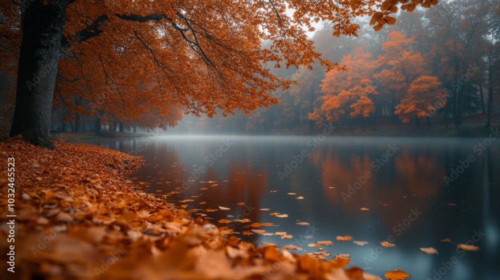 Poster a serene lake reflects the vibrant orange leaves of autumn trees while morning fog envelops the area