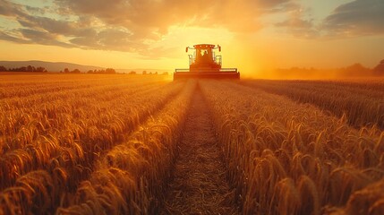 Fototapeta premium A combine harvester working in a field of wheat at sunset.