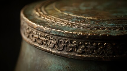 Close-up of Roman inkpot lid with detailed engravings and tarnished uneven surface