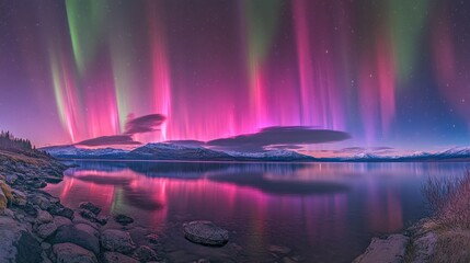 A panoramic view of a vibrant aurora borealis display over a tranquil lake with rocky shores and distant mountains under a starry twilight sky.
