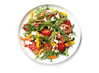 Tasty salad with arugula, cheese and vegetables isolated on white, top view