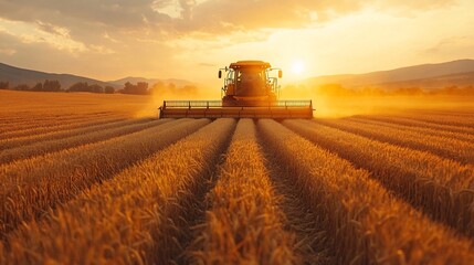 Fototapeta premium A combine harvester works in a field of wheat at sunset.