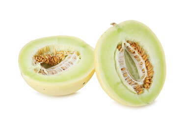 Halves of fresh honeydew melon isolated on white