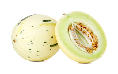 Whole and cut fresh ripe honeydew melons isolated on white