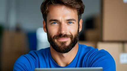 Male engineer in blue workwear standing and holding a laptop while overseeing and managing warehouse logistics inventory and distribution