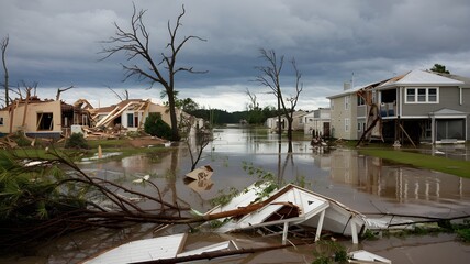 Fototapeta premium Aftermath of a Devastating Hurricane Leaves Homes and Environment Destroyed