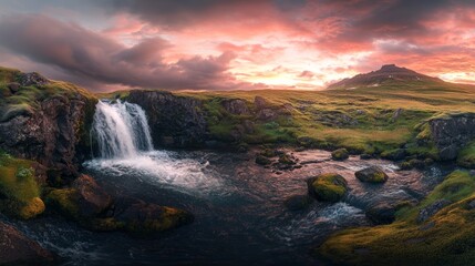 Fototapeta premium A serene landscape featuring a waterfall, river, and mountains under a colorful sunset.