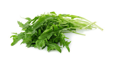Pile of fresh arugula leaves isolated on white