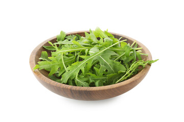 Fresh arugula leaves in bowl isolated on white