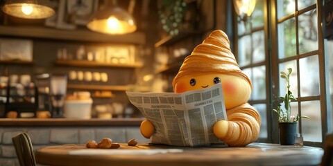 Cheerful croissant character reads newspaper in cozy cafe, surrounded by warm lighting and rustic decor. Perfect for whimsical imagery.