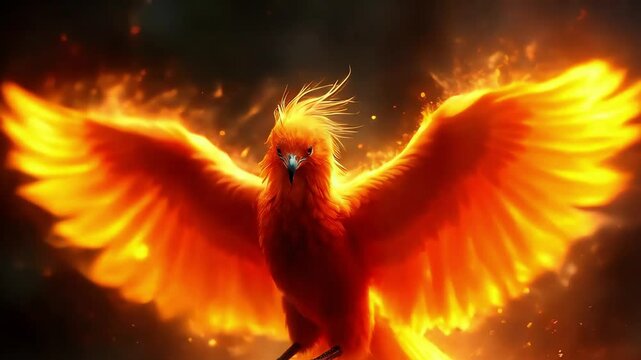 A fiery phoenix with outstretched wings, illuminated by a burst of flames.