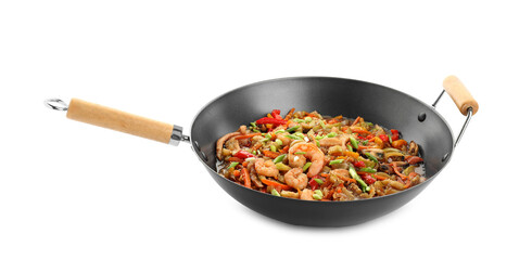 Stir-fry sea food in wok isolated on white