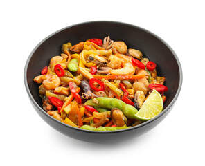 Stir-fry sea food in bowl isolated on white