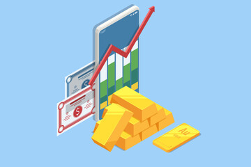 Isometric Investment Precious metals gold or silver. Golden bars. Investing Banking business. Increase in cost of precious metals. Investments in golden securities. Buying aurum ETF