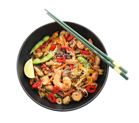 Stir-fry sea food in bowl and chopsticks isolated on white, top view