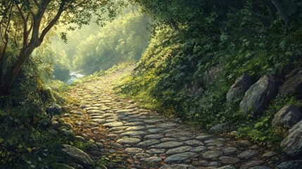 Roman road along hillside moss-covered cobblestones path leading to a valley with morning light