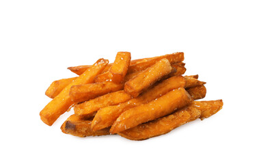 Delicious sweet potato fries isolated on white