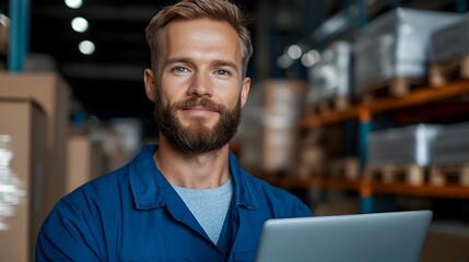 Professional engineer wearing a blue jumpsuit holding a laptop computer in an organized and efficient warehouse setting with various equipment machinery and storage systems visible