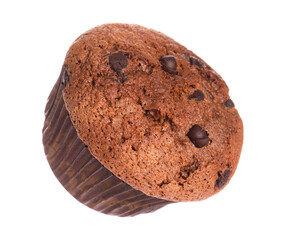 Delicious sweet muffin with chocolate chips isolated on white