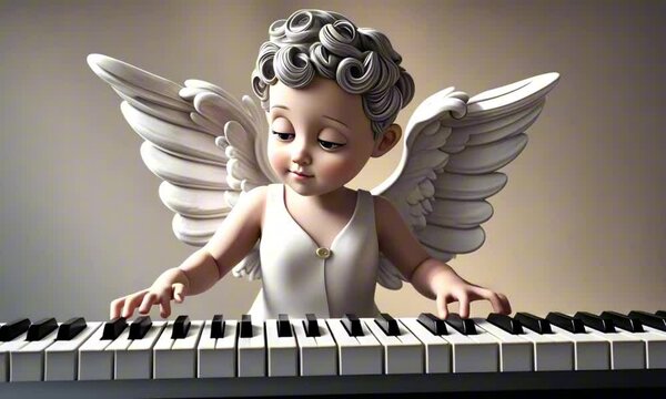 a 3d angel cherub cartoon character playing the piano digital art