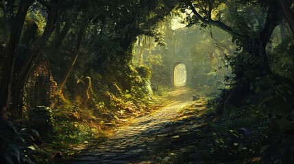 Roman road through thick jungle vines and towering trees over cobblestones warm afternoon light