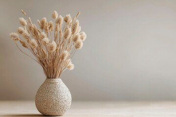 Dried Flowers in a Textured Vase on a Wooden Tabletop