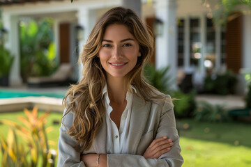 Fototapeta premium A smiling female real estate agent standing in front of a luxury house with her arms crossed, looking at the camera and smiling.