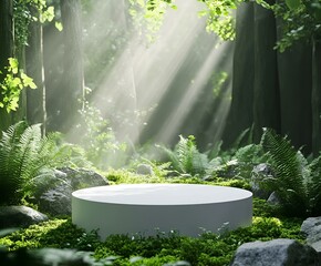Natural Harmony Stand: Showcasing Products in an Ethereal Forest Settin.