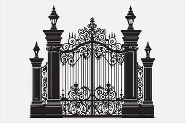 A  iron gate with two tall pillars on each side.