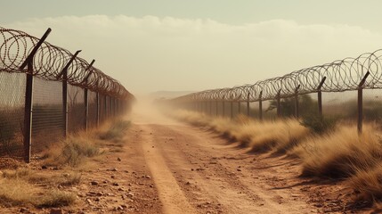 A deserted road stretching between two metal fences with barbed wire. Fences with barbed wire symbolize border, security and restriction.