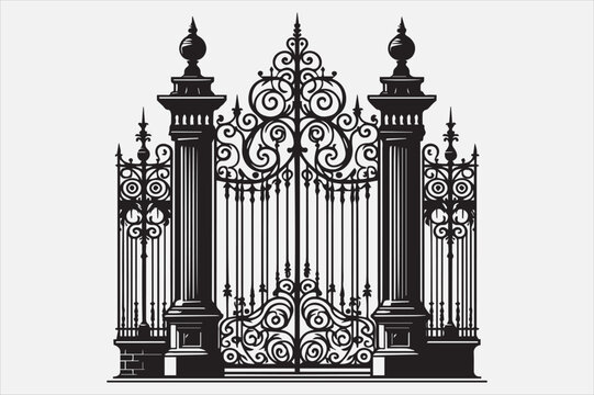 recommend clip art: A  iron gate with two tall pillars on each side.