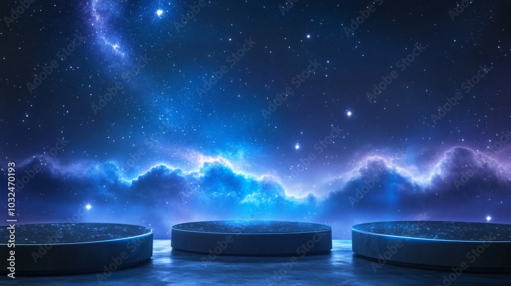 Poster three circular platforms glow softly beneath a mesmerizing cosmic backdrop filled with vibrant stars