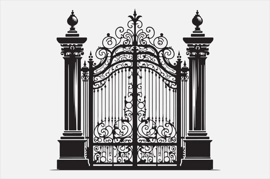 recommend clip art: A  iron gate with two tall pillars on each side.