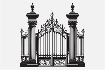 A  iron gate with two tall pillars on each side.