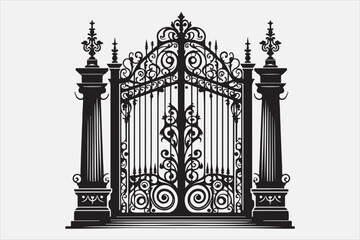 A  iron gate with two tall pillars on each side.