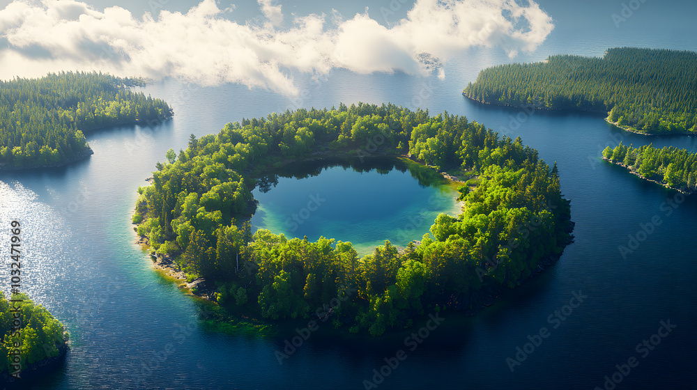 Wall mural aerial view of the round island of the lake in the middle from above with forest and ocean