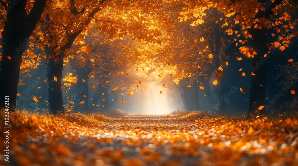 Poster golden leaves dance in the breeze along a peaceful trail, while sunlight filters through the trees, 