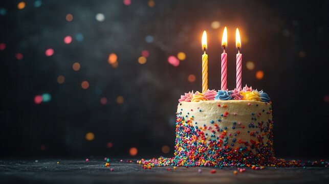Colorful birthday cake with three lit candles and sprinkles, set against a blurred background with vibrant bokeh lights.