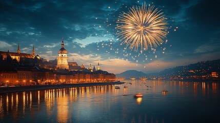Obraz premium Cityscape with fireworks over a river at night.