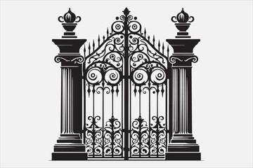 A  iron gate with two tall pillars on each side.